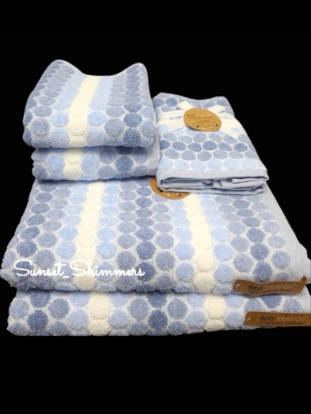 6pc ECO Melange 2 Bath 2 Hand 2 Tip Towel Set Blue Ombre Dot Stripe New